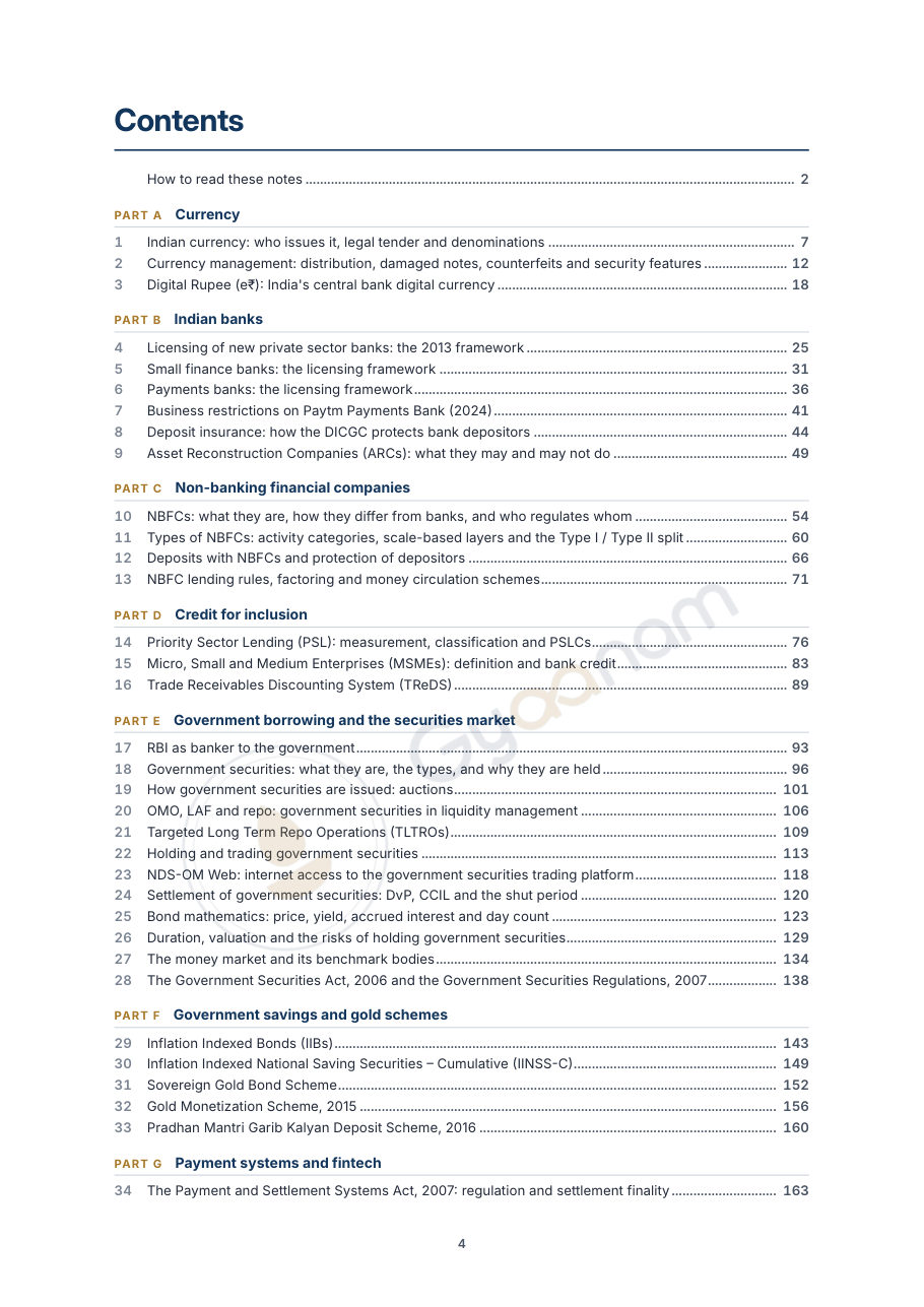 Contents, chapters 1 to 34 of Indian Economy for Civil Services Exam